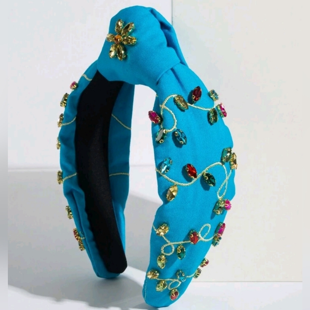 Sky blue knot headband embroidered with stones with Christmas lights motif